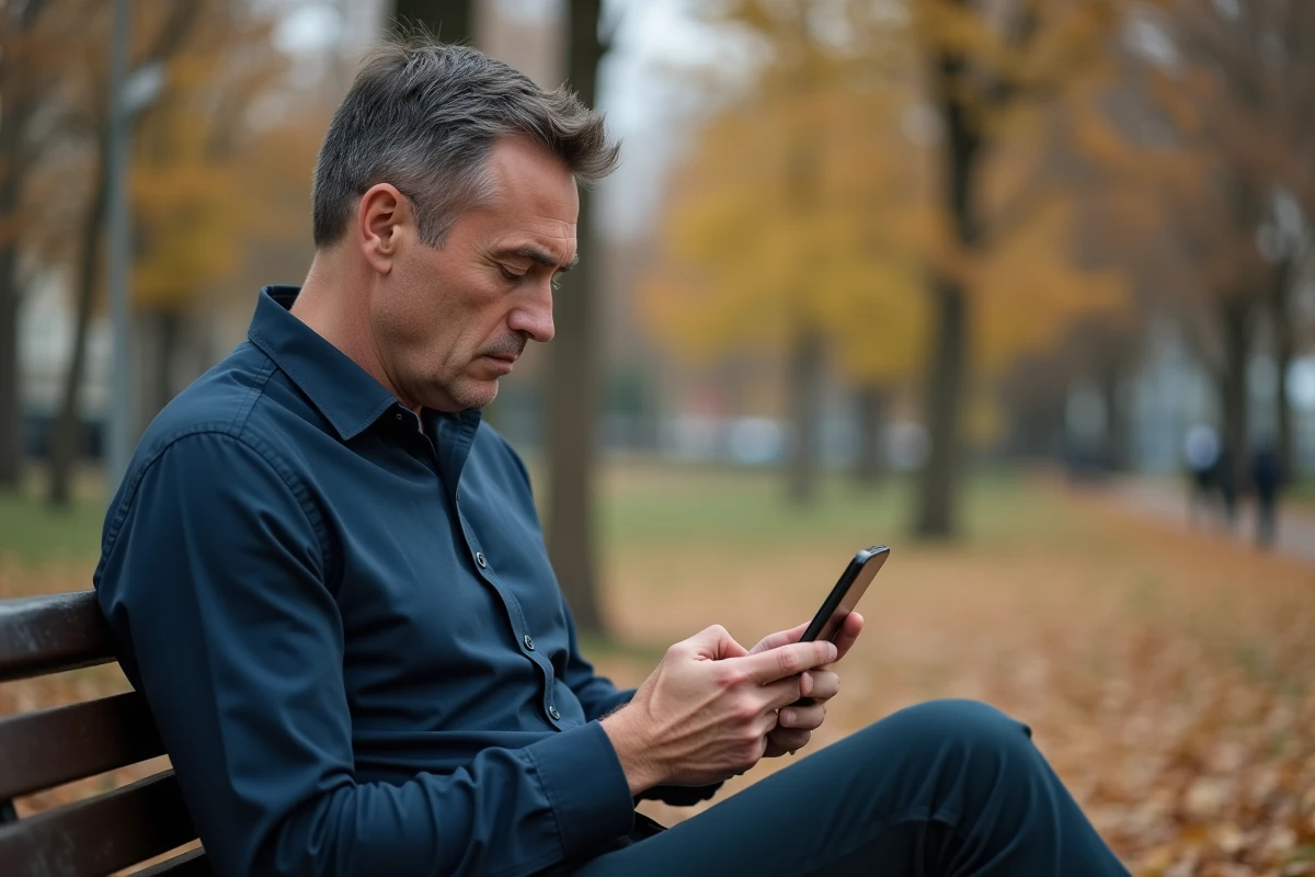 Homme cherchant des mots fléchés sur mobile assis sur un banc dans un parc en automne