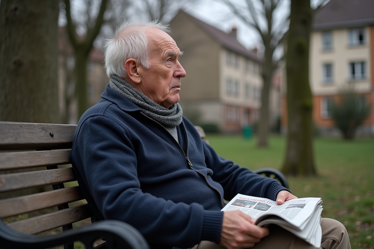 Homme retraité assis dans un parc modeste