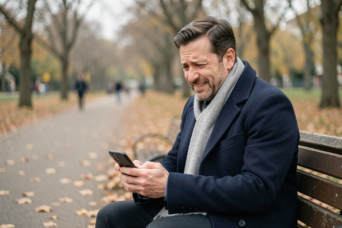 Homme seul sur un banc de parc avec une expression ambiguë en lisant une blague d'humour noire sur son téléphone