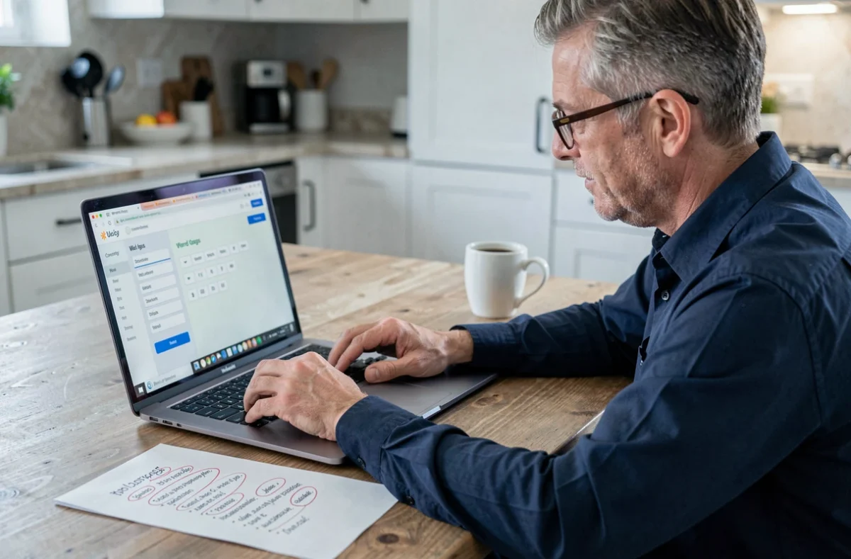 Homme cherchant la solution Cemantix sur ordinateur portable avec une liste de mots imprimée