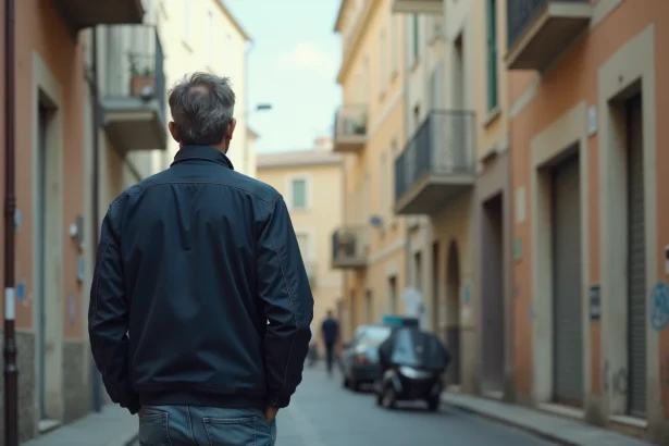 Homme d'âge moyen dans une rue de La Ciotat regardant les immeubles