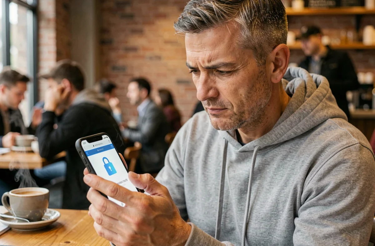 Homme vérifiant la sécurité d'une URL sur son smartphone dans un café pour éviter les pièges en ligne