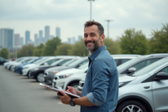 Homme d'affaires examine des documents à côté d'une voiture moderne