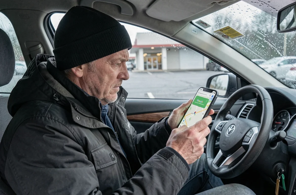 Homme frustré vérifiant Google Maps dans sa voiture devant un supermarché fermé le jour de Noël