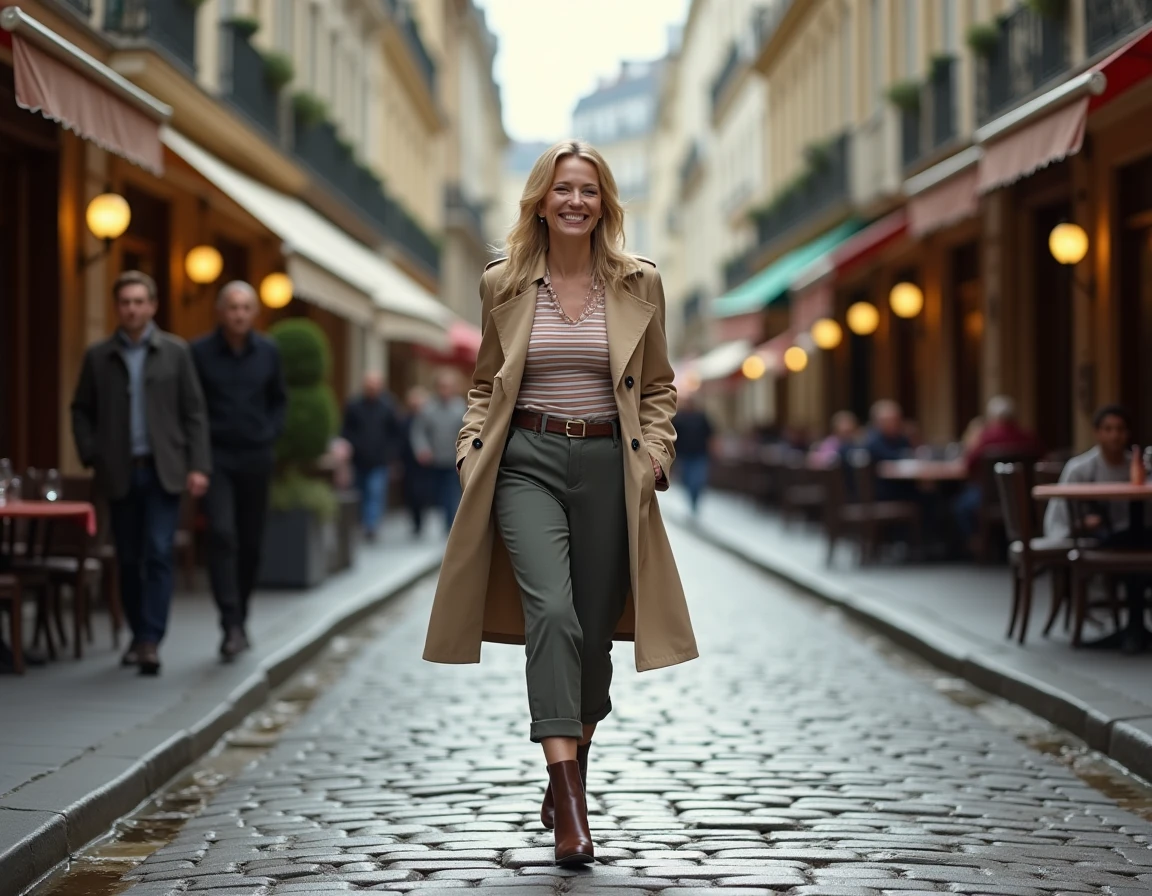 Humoriste blonde française dans une rue parisienne en trench coat, style chic et décontracté