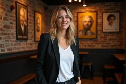 Humoriste française blonde en backstage de théâtre comique, style élégant décontracté