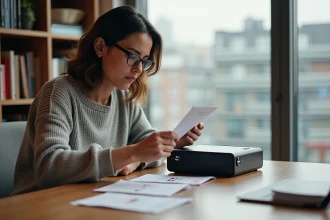 Femme examinant des impressions couleur produites par une imprimante portable compacte posée sur un bureau en bois à domicile