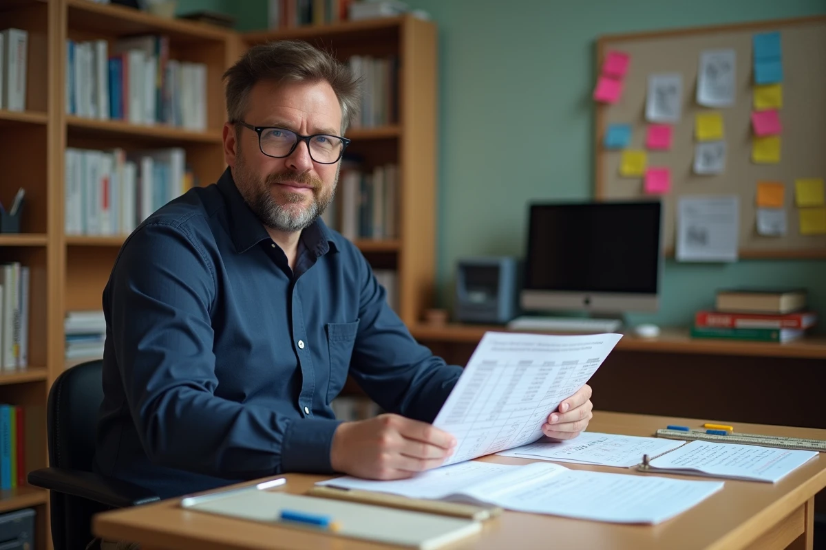 Instituteur préparant un cours avec des fiches de conversion litres cm3 sur son bureau