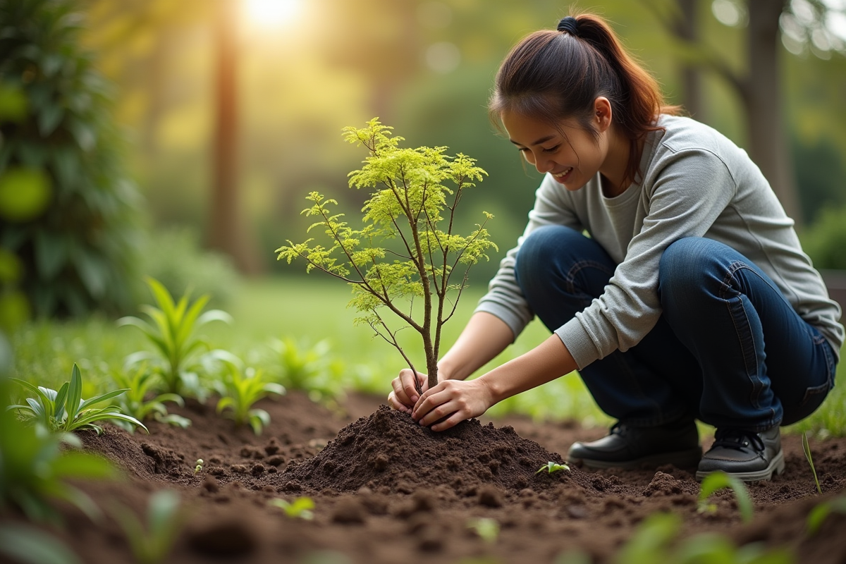 Personne plantant un arbuste japonais dans un jardin lumineux