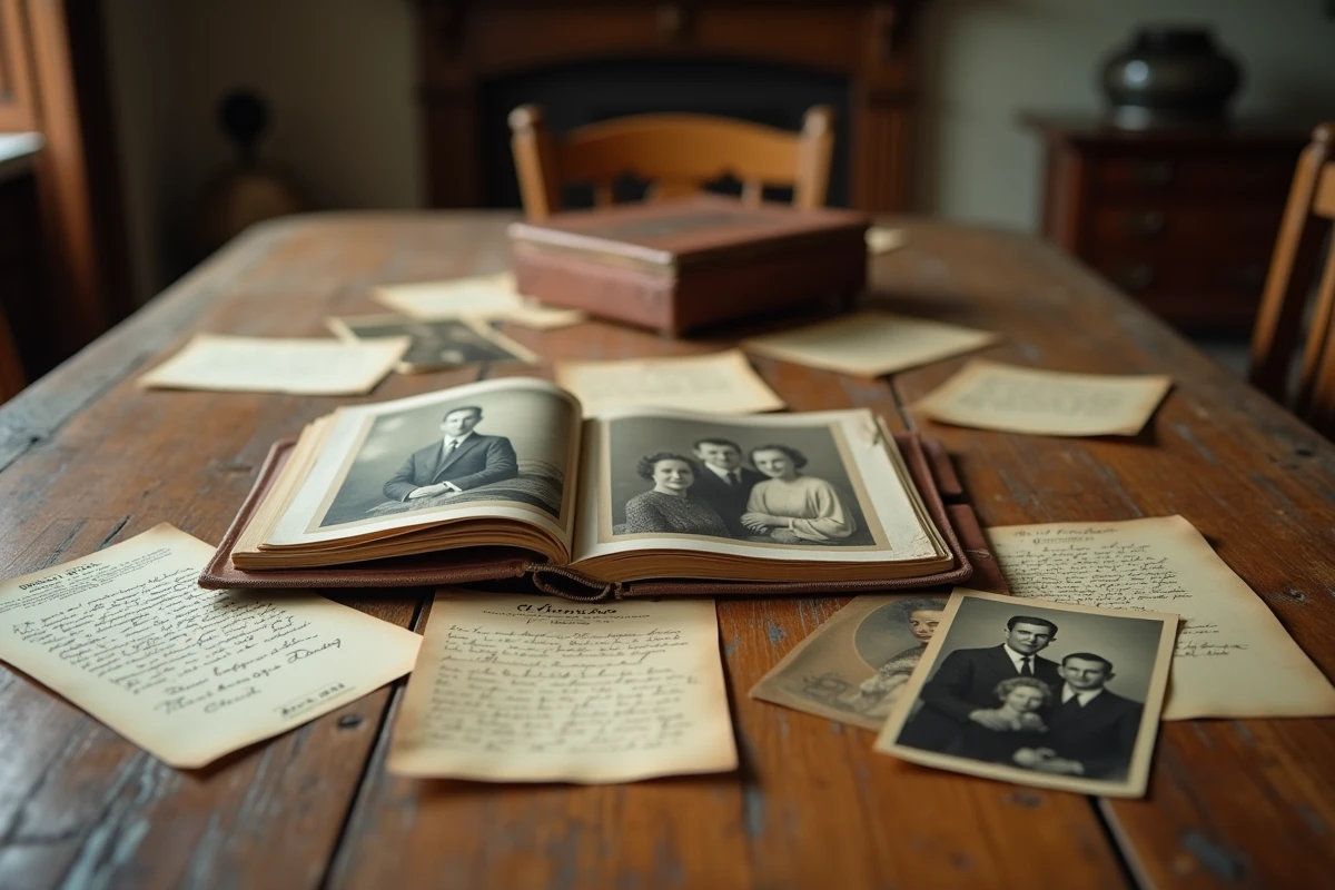 Tableau intime avec des photographies de famille vintage, lettres manuscrites et album photo ancien évoquant les origines et l'enfance d'une personnalité française