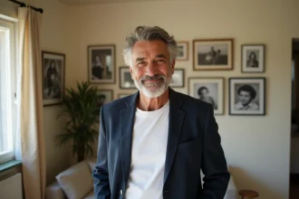 Portrait d'un animateur télévision aux origines méditerranéennes posant devant des photos de famille en noir et blanc dans un intérieur chaleureux