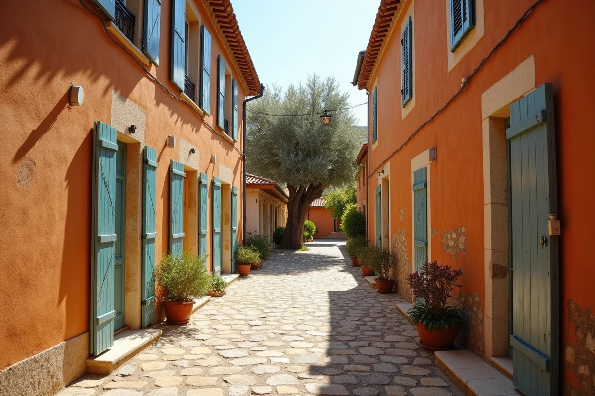 Ruelle authentique d'un village du sud de la France avec façades en pierre ocre et volets bleus symbolisant les origines méditerranéennes et l'enfance dans le midi
