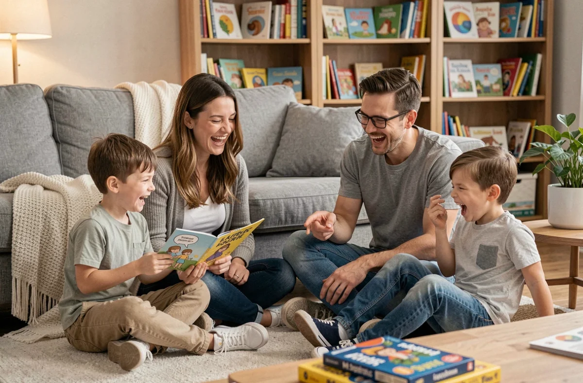 Jeune famille assise par terre dans le salon en train de jouer à un jeu de blagues illustrées, avec des enfants qui rient aux éclats dans une ambiance détendue et complice