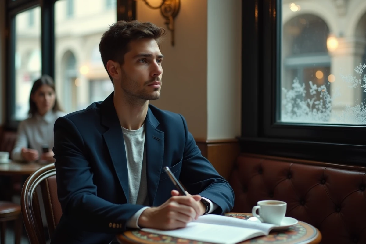 Jeune acteur attablé dans un café parisien avec un script ouvert, regard songeur et distant, atmosphère intimiste et réaliste