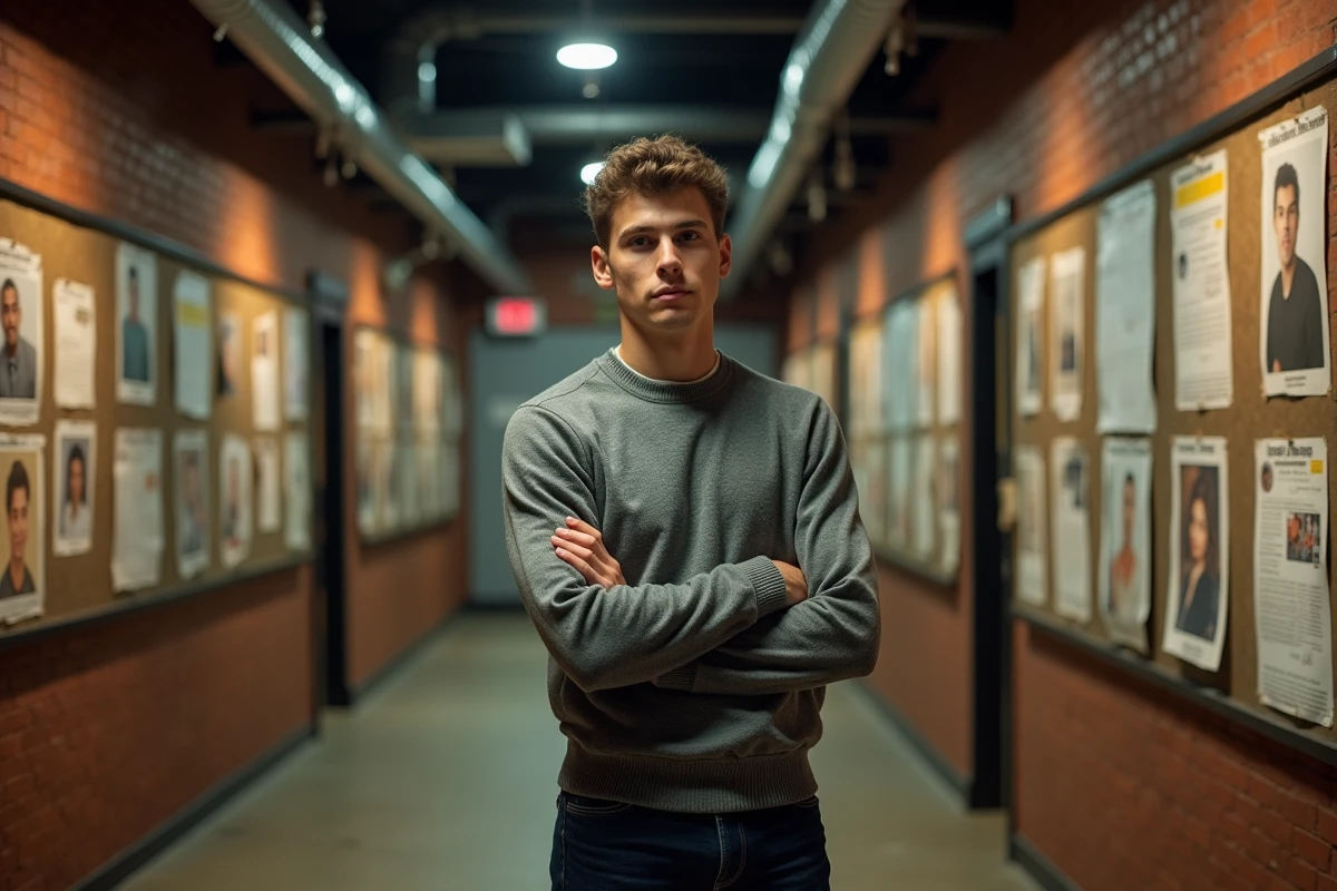 Jeune acteur debout devant un tableau d'annonces de théâtre, expression partagée entre nostalgie et détermination, couloir de coulisses en brique