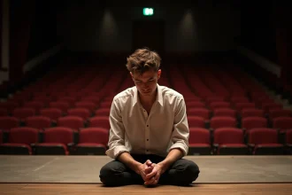 Jeune acteur assis seul sur une scène de théâtre vide, regard pensif, rangées de sièges en velours rouge en arrière-plan flou