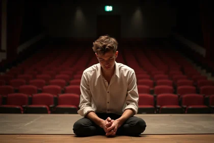 Jeune acteur assis seul sur une scène de théâtre vide, regard pensif, rangées de sièges en velours rouge en arrière-plan flou