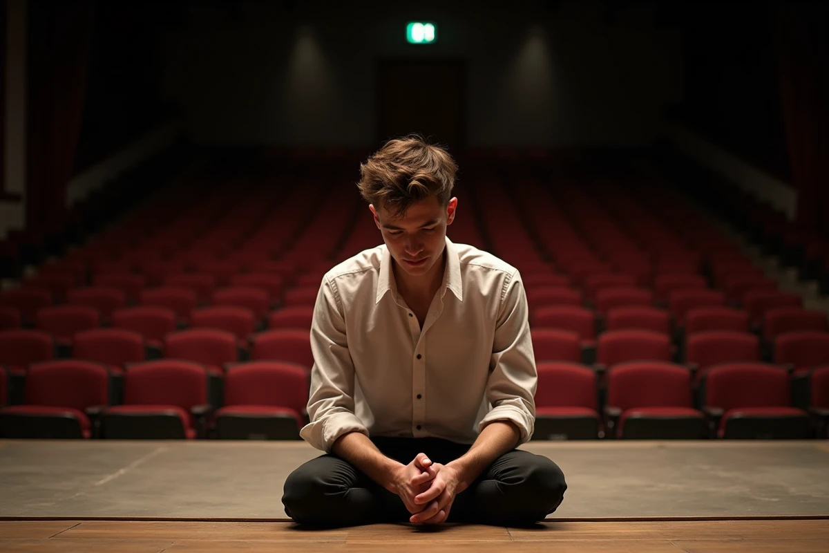 Jeune acteur assis seul sur une scène de théâtre vide, regard pensif, rangées de sièges en velours rouge en arrière-plan flou