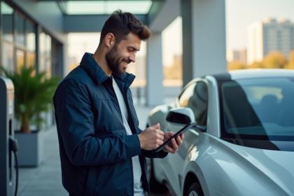 Jeune ingénieur devant une voiture électrique futuriste