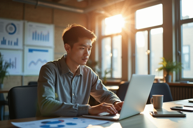 Jeune entrepreneur travaillant sur un ordinateur dans un espace moderne