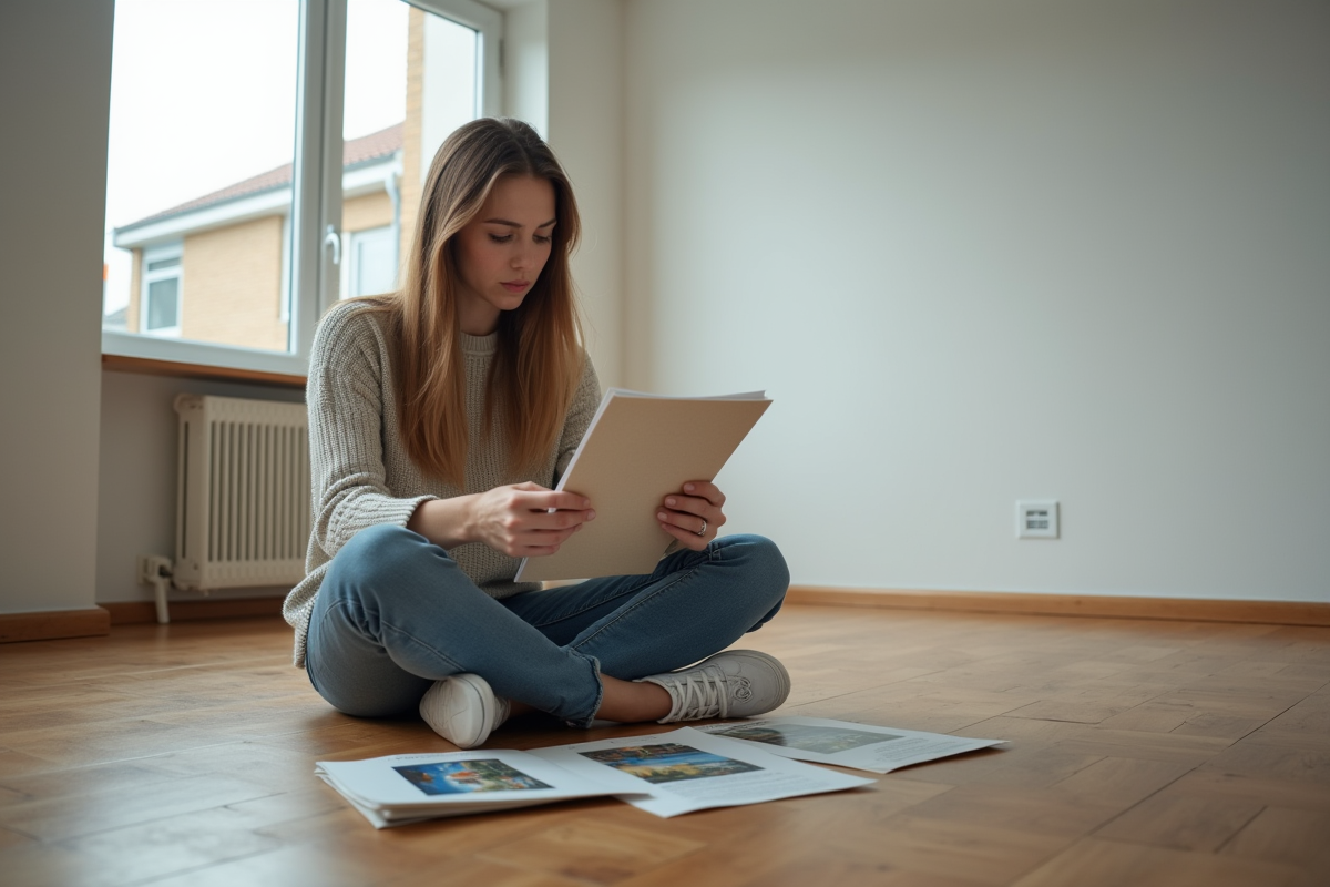Jeune femme étudie une annonce immobilière dans un appartement