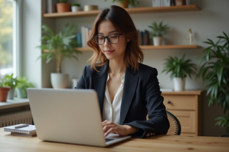 Jeune femme professionnelle travaillant sur un ordinateur dans un bureau lumineux