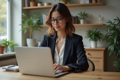 Jeune femme professionnelle travaillant sur un ordinateur dans un bureau lumineux