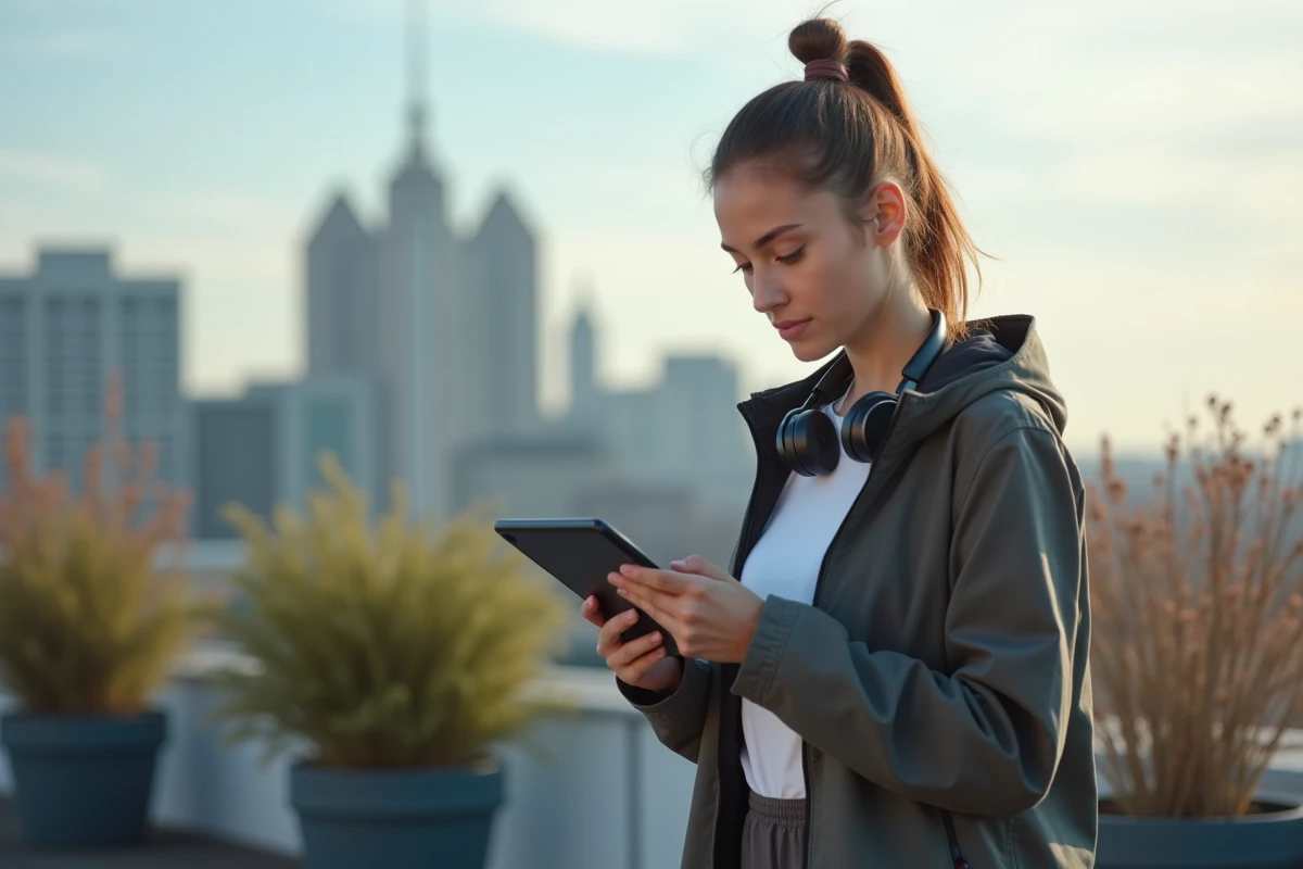 Jeune femme avec casque code en extérieur sur un rooftop