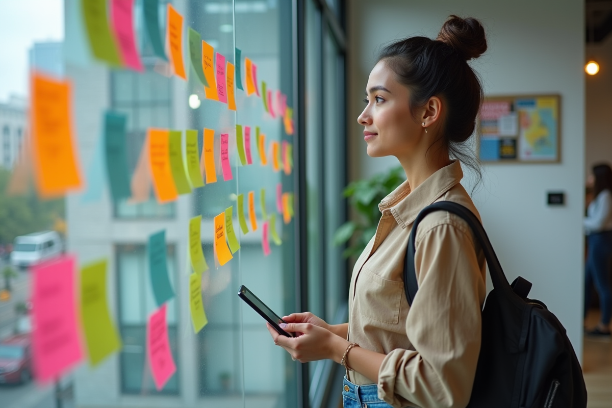Jeune femme regardant des notes colorées dans un espace de coworking