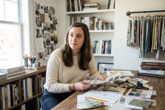 Jeune femme en studio de design examinant des échantillons de couleurs