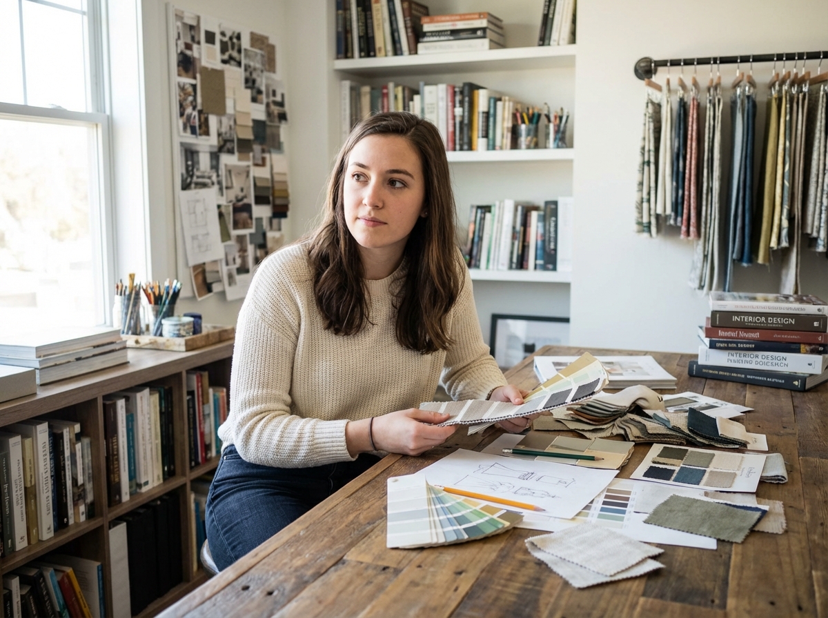 Jeune femme en studio de design examinant des échantillons de couleurs