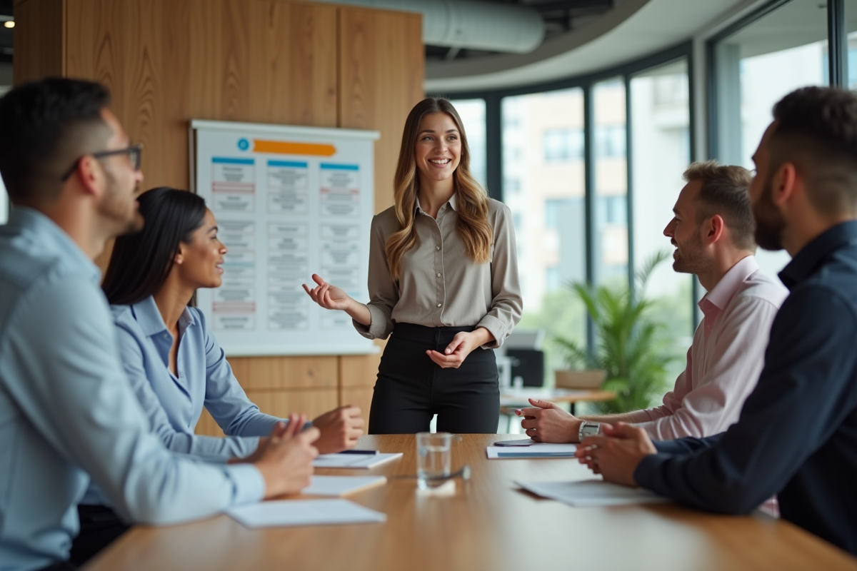 Jeune femme en tenue décontractée menant une réunion avec collègues
