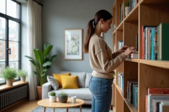 Jeune femme arrangeant des livres dans un salon moderne