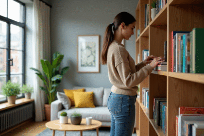 Jeune femme arrangeant des livres dans un salon moderne