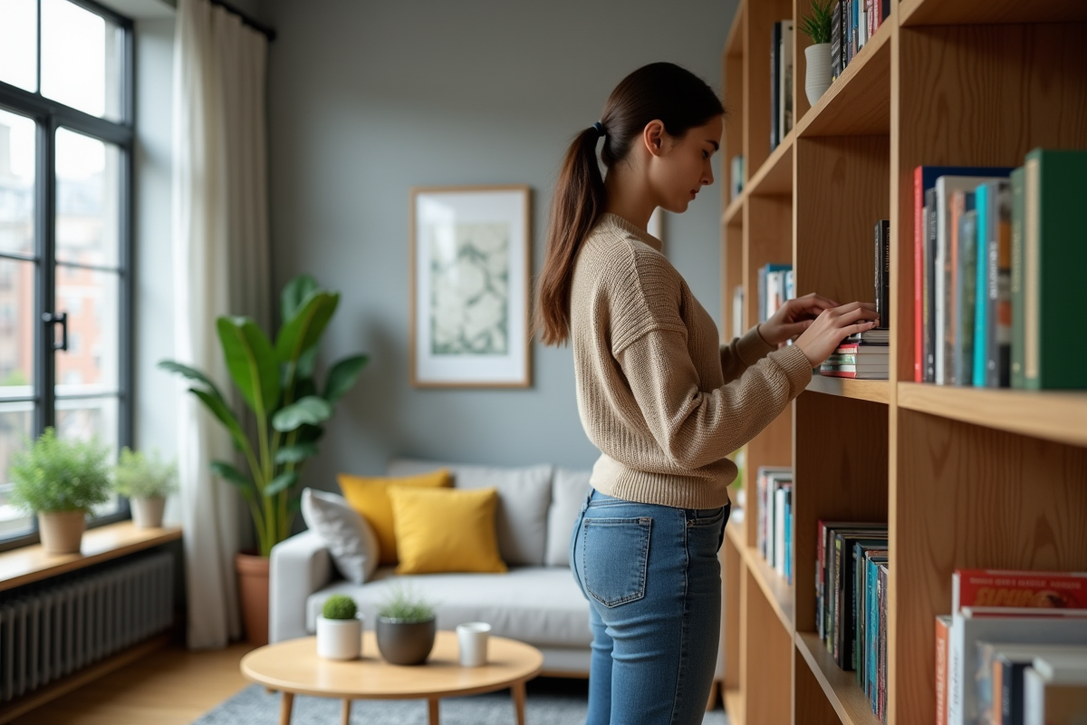 Jeune femme arrangeant des livres dans un salon moderne