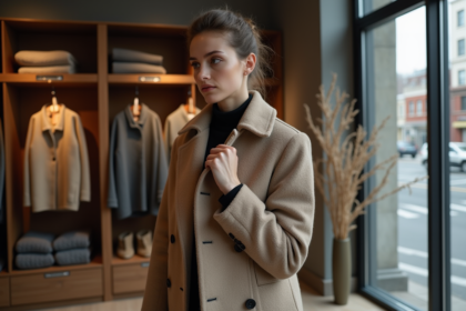 Jeune femme examinant un manteau d'hiver élégant