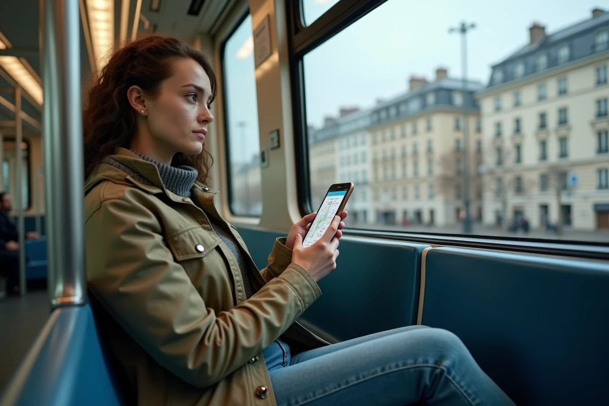 Jeune femme regardant par la fenêtre dans un métro rénové