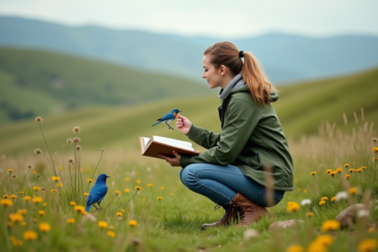 Jeune femme en extérieur observant un oiseau bleu dans un champ