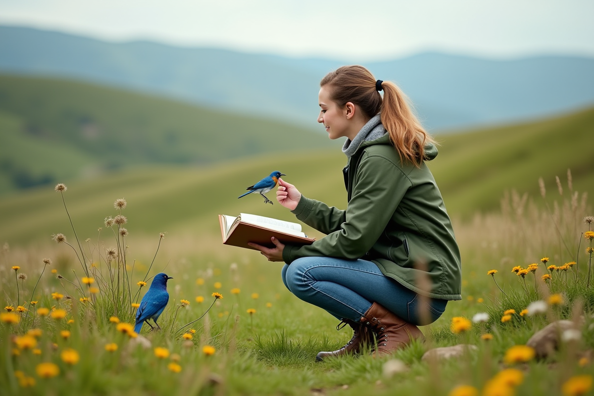 Jeune femme en extérieur observant un oiseau bleu dans un champ