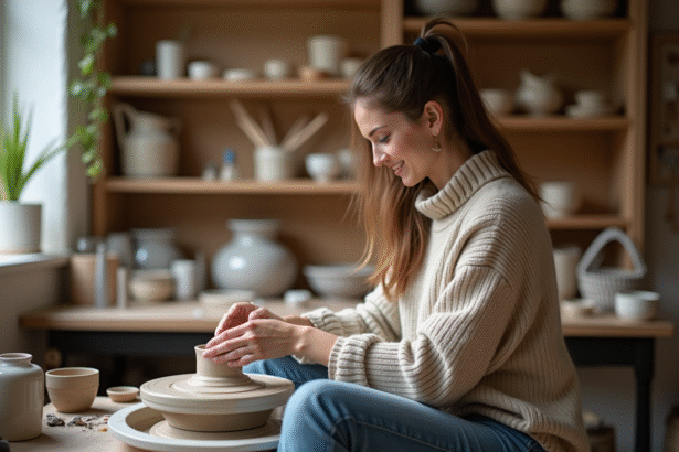 Jeune femme façonnant de l'argile dans son atelier lumineux