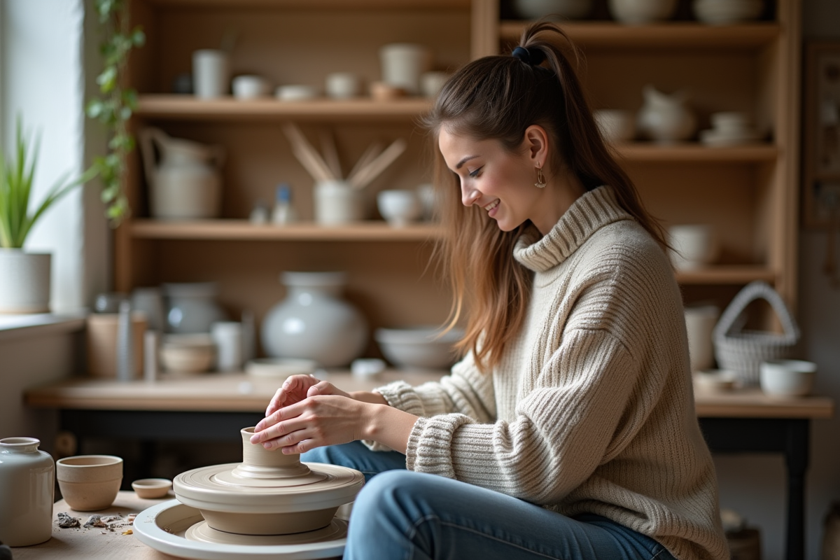 Jeune femme façonnant de l'argile dans son atelier lumineux