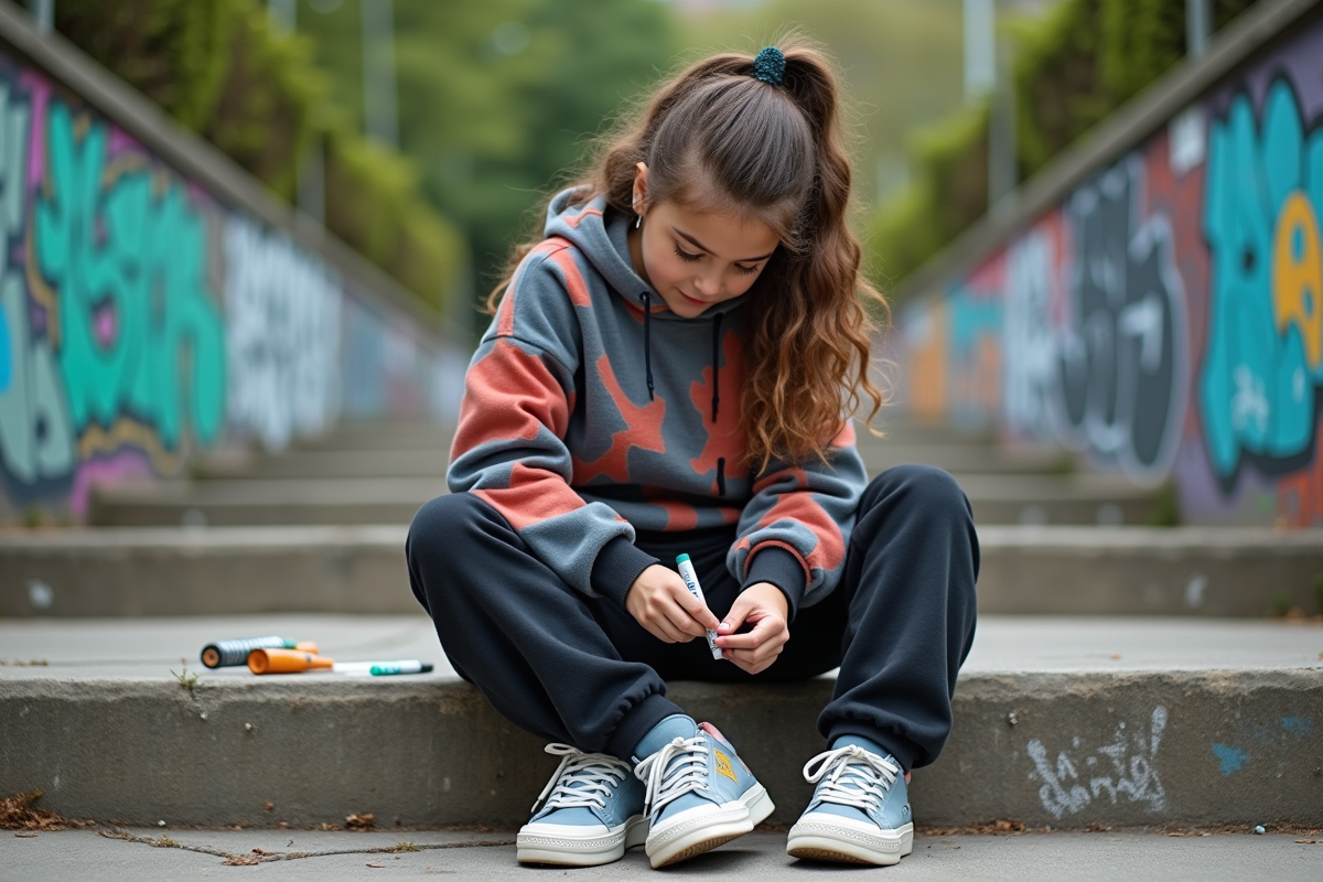 Jeune fille customisant ses sneakers en plein air