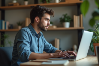 Jeune homme concentré travaillant sur son ordinateur dans un bureau moderne
