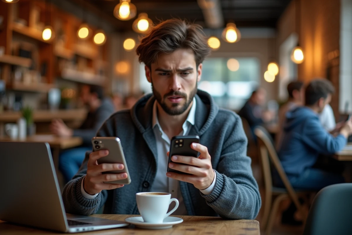 Jeune homme au café regardant son smartphone avec inquiétude