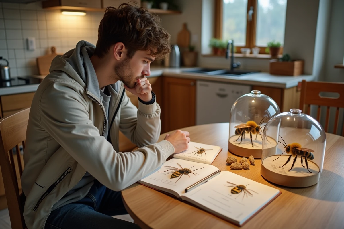 Jeune homme identifiant des frelons dans la cuisine