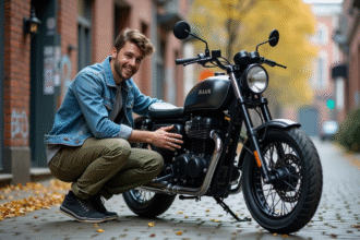 Jeune homme polissant une moto Dax 125 en extérieur