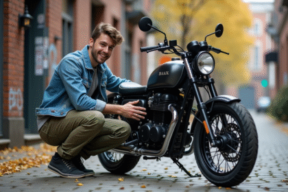 Jeune homme polissant une moto Dax 125 en extérieur