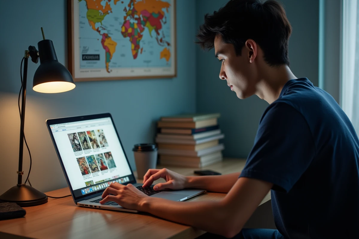 Jeune homme parcourant la plateforme de scans Crunchyscan fr sur un ordinateur portable dans une chambre d'étudiant