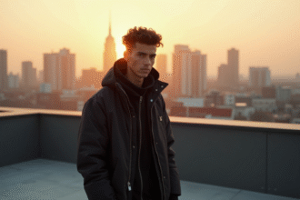 Jeune homme en techwear noir sur un rooftop urbain au coucher du soleil