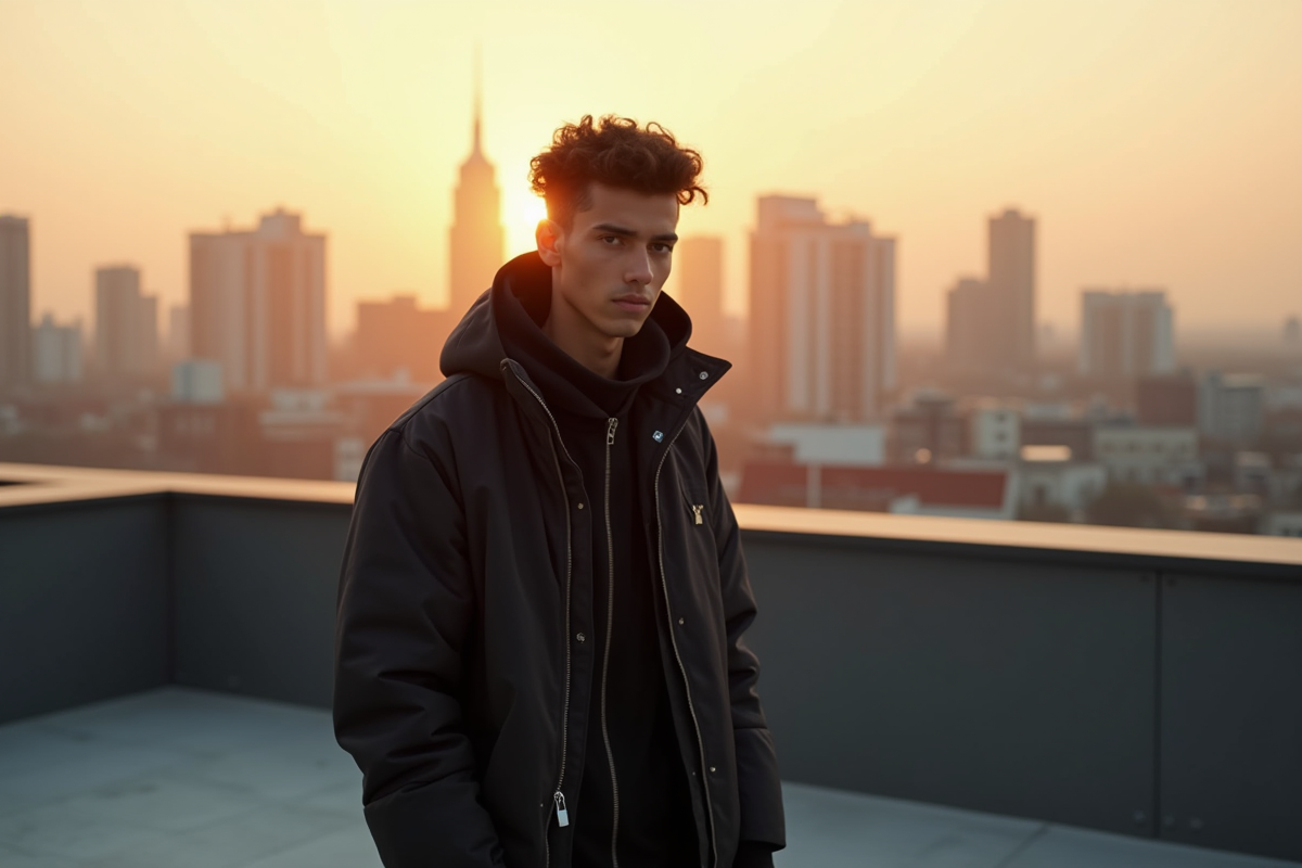 Jeune homme en techwear noir sur un rooftop urbain au coucher du soleil